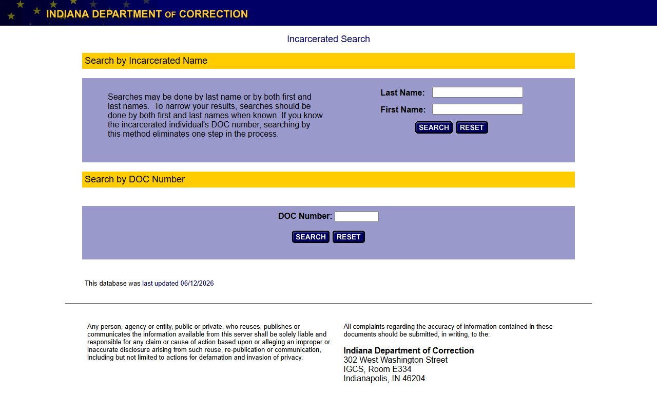 Johnson County inmate records Indiana DOC locator search